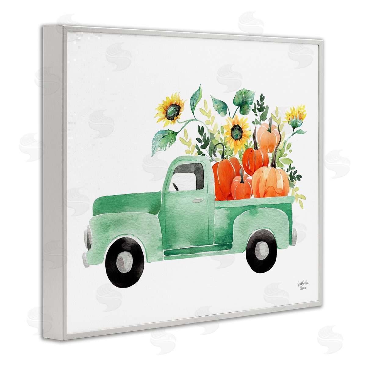 Heather Lee Chan Autumnal Plants Pumpkins Seasonal Green Pickup Truck  White Framed Giclee Wall Art Print