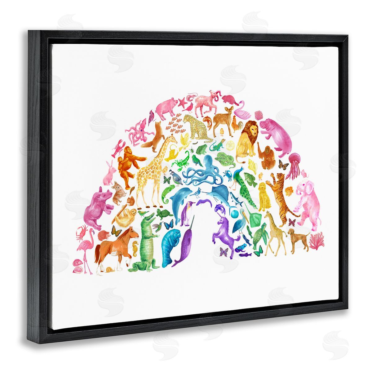 Dishique Mixed Rainbow Animals Wildlife Arched Rainbow Shape  Black Floating Frame Canvas Wall Art Print