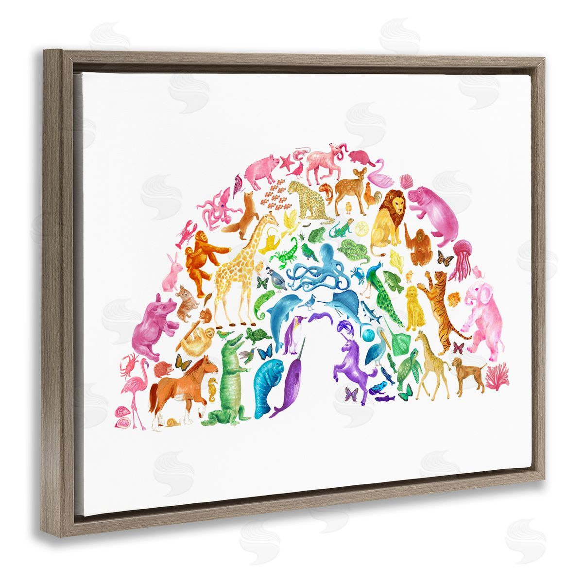 Dishique Mixed Rainbow Animals Wildlife Arched Rainbow Shape  Brown Floating Frame Canvas Wall Art Print