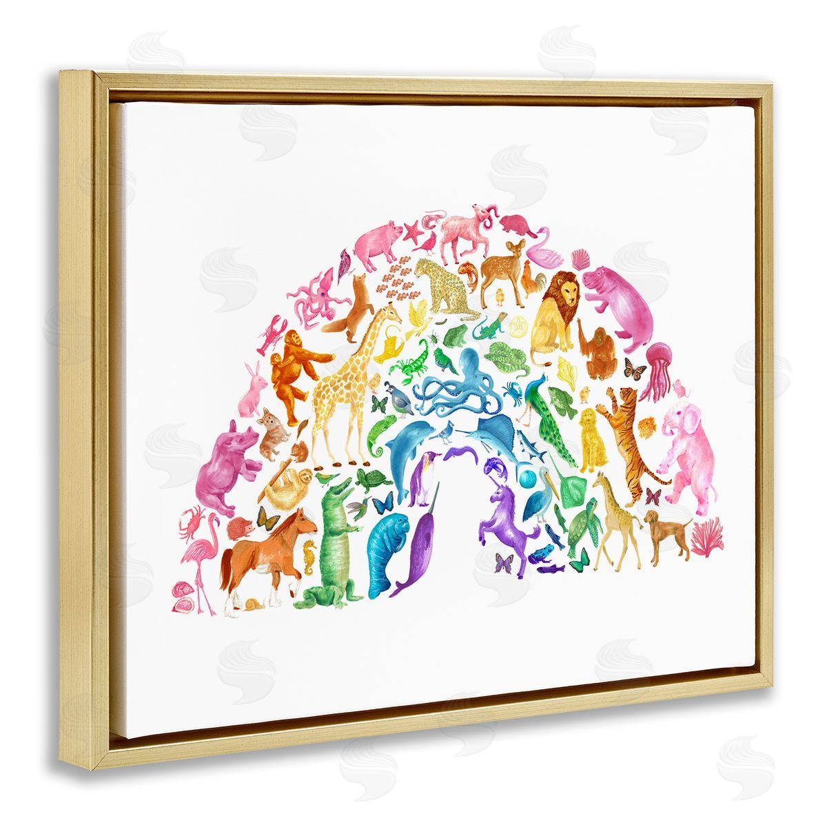 Dishique Mixed Rainbow Animals Wildlife Arched Rainbow Shape  Gold Floating Frame Canvas Wall Art Print