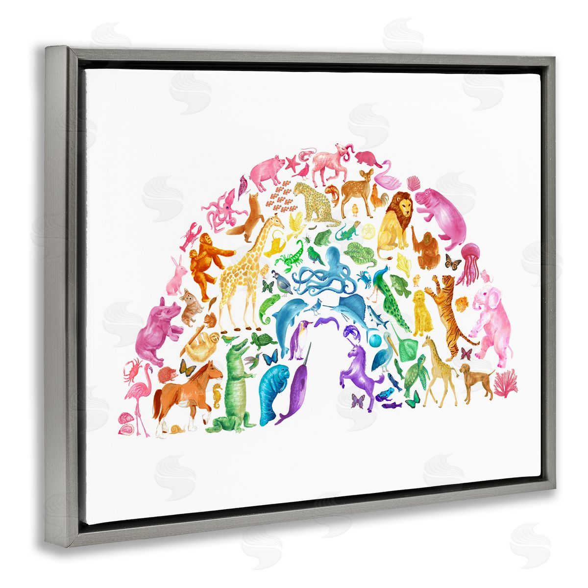 Dishique Mixed Rainbow Animals Wildlife Arched Rainbow Shape  Gray Floating Frame Canvas Wall Art Print