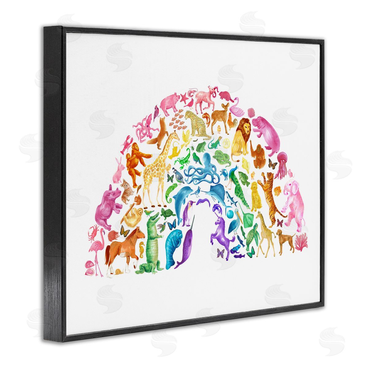 Dishique Mixed Rainbow Animals Wildlife Arched Rainbow Shape  Black Framed Giclee Wall Art Print