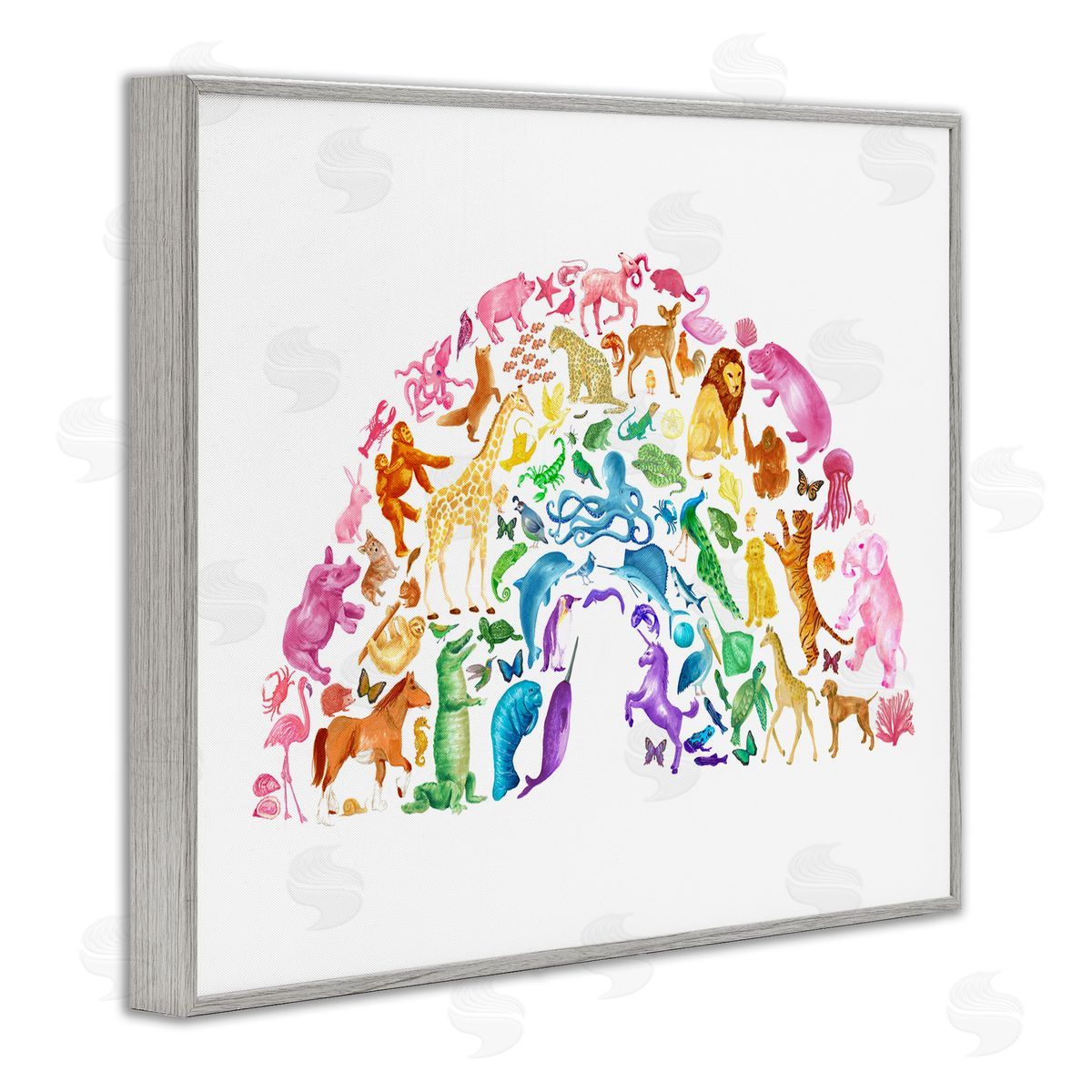 Dishique Mixed Rainbow Animals Wildlife Arched Rainbow Shape  Gray Framed Giclee Wall Art Print