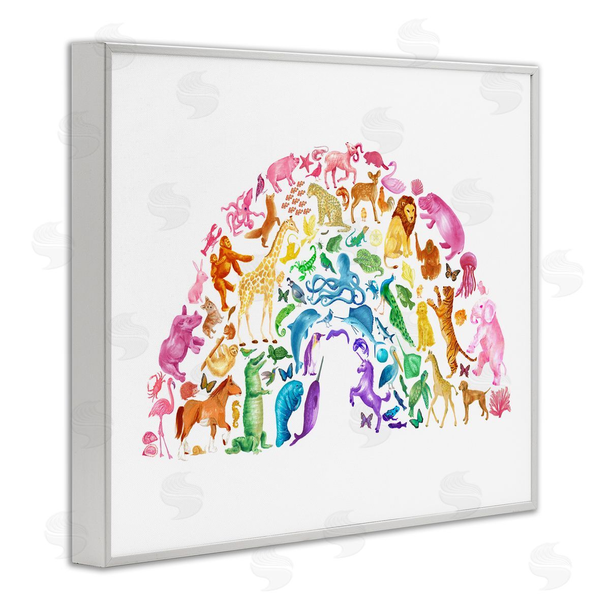 Dishique Mixed Rainbow Animals Wildlife Arched Rainbow Shape  White Framed Giclee Wall Art Print