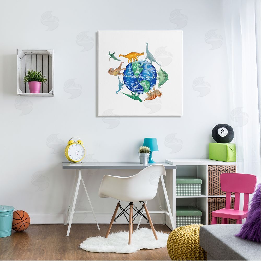 Dishique Various Dinosaurs Circling Planet Earth Globe Illustration Canvas Wall Art in Room