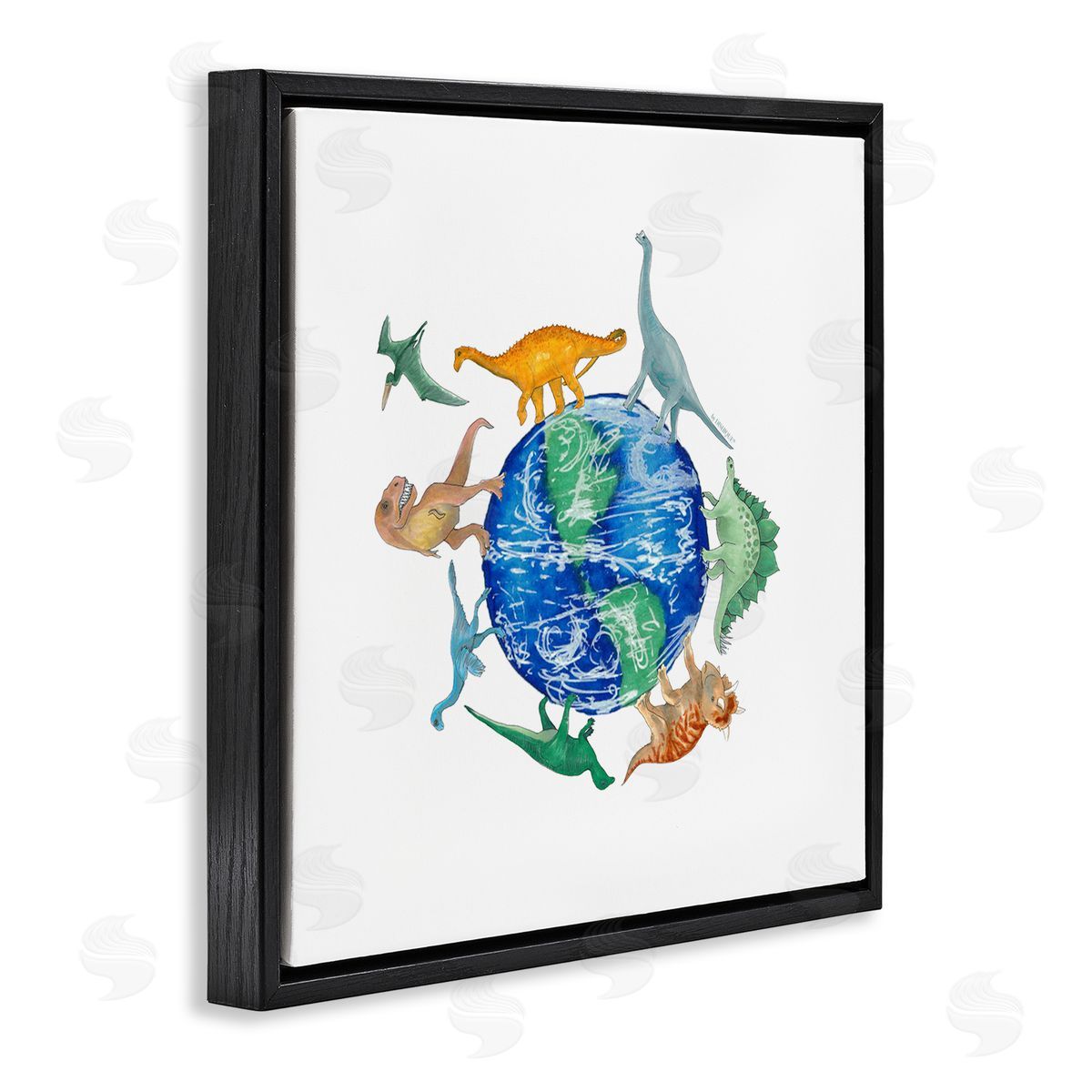 Dishique Various Dinosaurs Circling Planet Earth Globe Illustration Black Floating Frame Canvas Wall Art Print