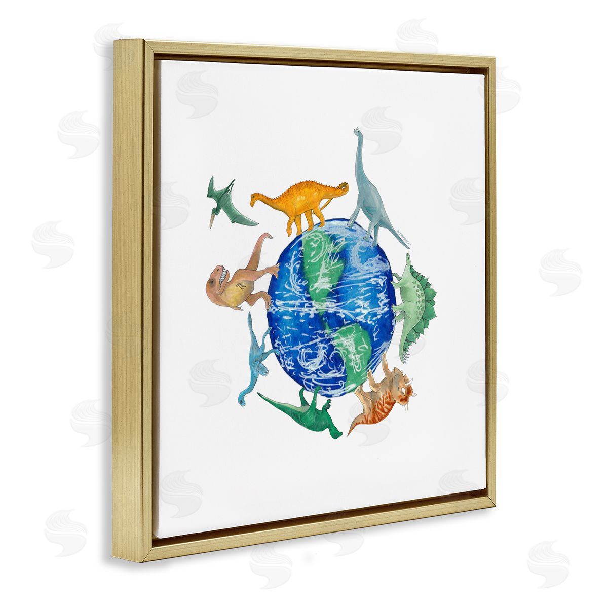 Dishique Various Dinosaurs Circling Planet Earth Globe Illustration Gold Floating Frame Canvas Wall Art Print