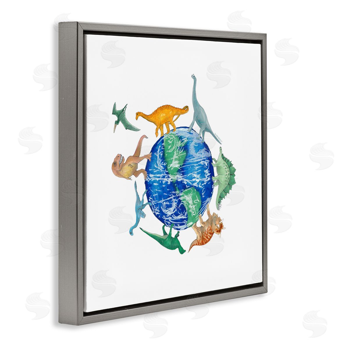 Dishique Various Dinosaurs Circling Planet Earth Globe Illustration Gray Floating Frame Canvas Wall Art Print
