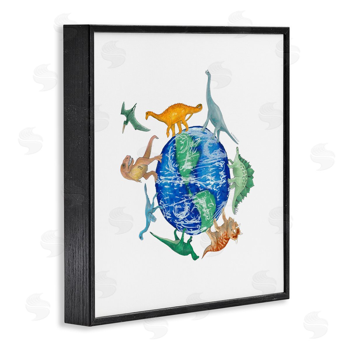 Dishique Various Dinosaurs Circling Planet Earth Globe Illustration Black Framed Glicee Wall Art Print