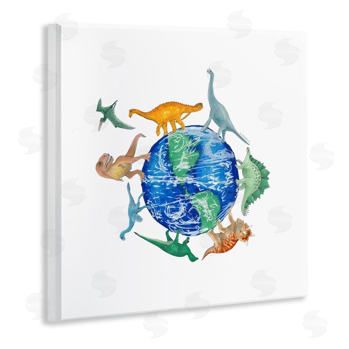 Dishique Various Dinosaurs Circling Planet Earth Globe Illustration Wooden Wall Plaque Art Print
