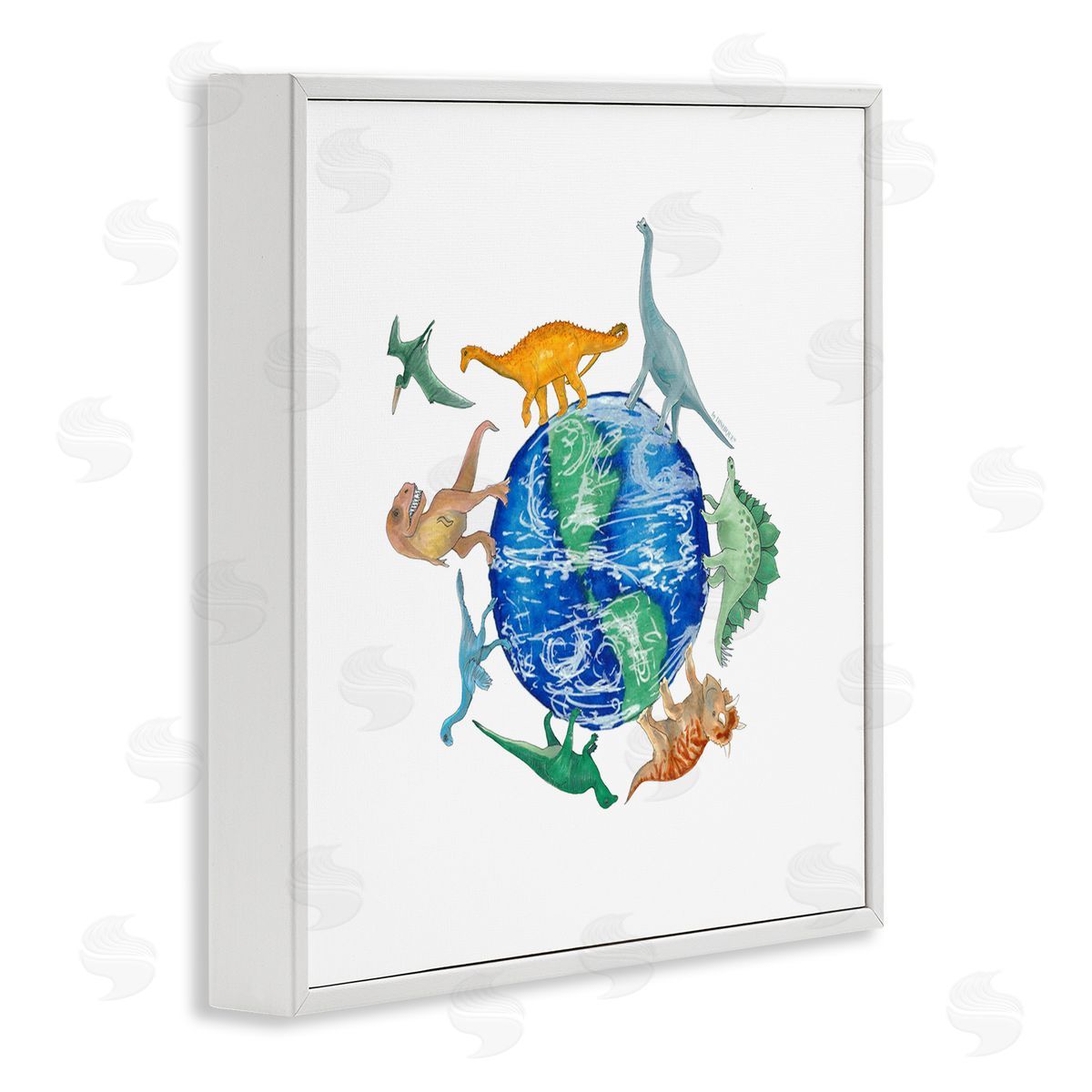 Dishique Various Dinosaurs Circling Planet Earth Globe Illustration White Framed Glicee Wall Art Print