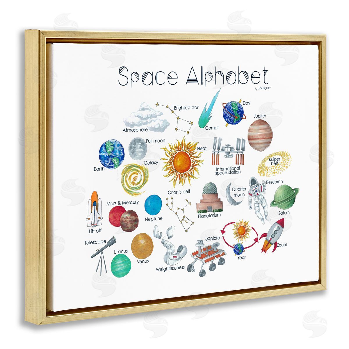 Dishique Outer Space Educational Alphabet Kids Learning Chart Gold Floating Frame Canvas Wall Art Print