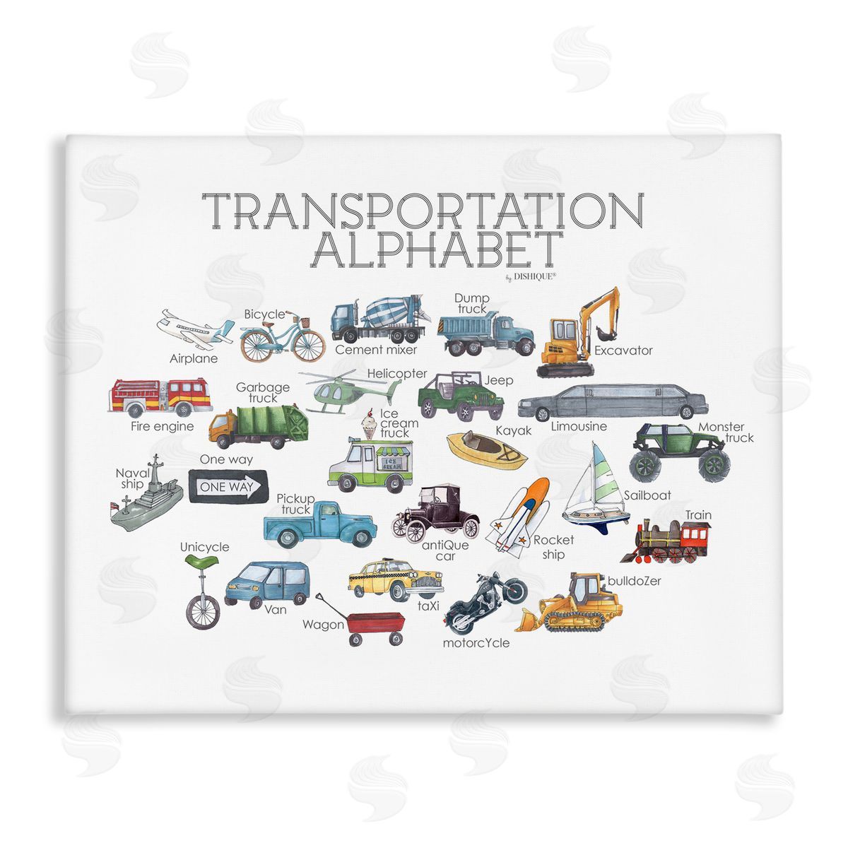 Dishique Educational Transportation Alphabet Kids Learning Vehicles Cars Stretched Canvas Wall Art Print