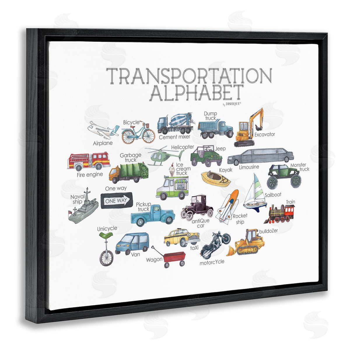 Dishique Educational Transportation Alphabet Kids Learning Vehicles Cars Black Floating Frame Canvas Wall Art Print