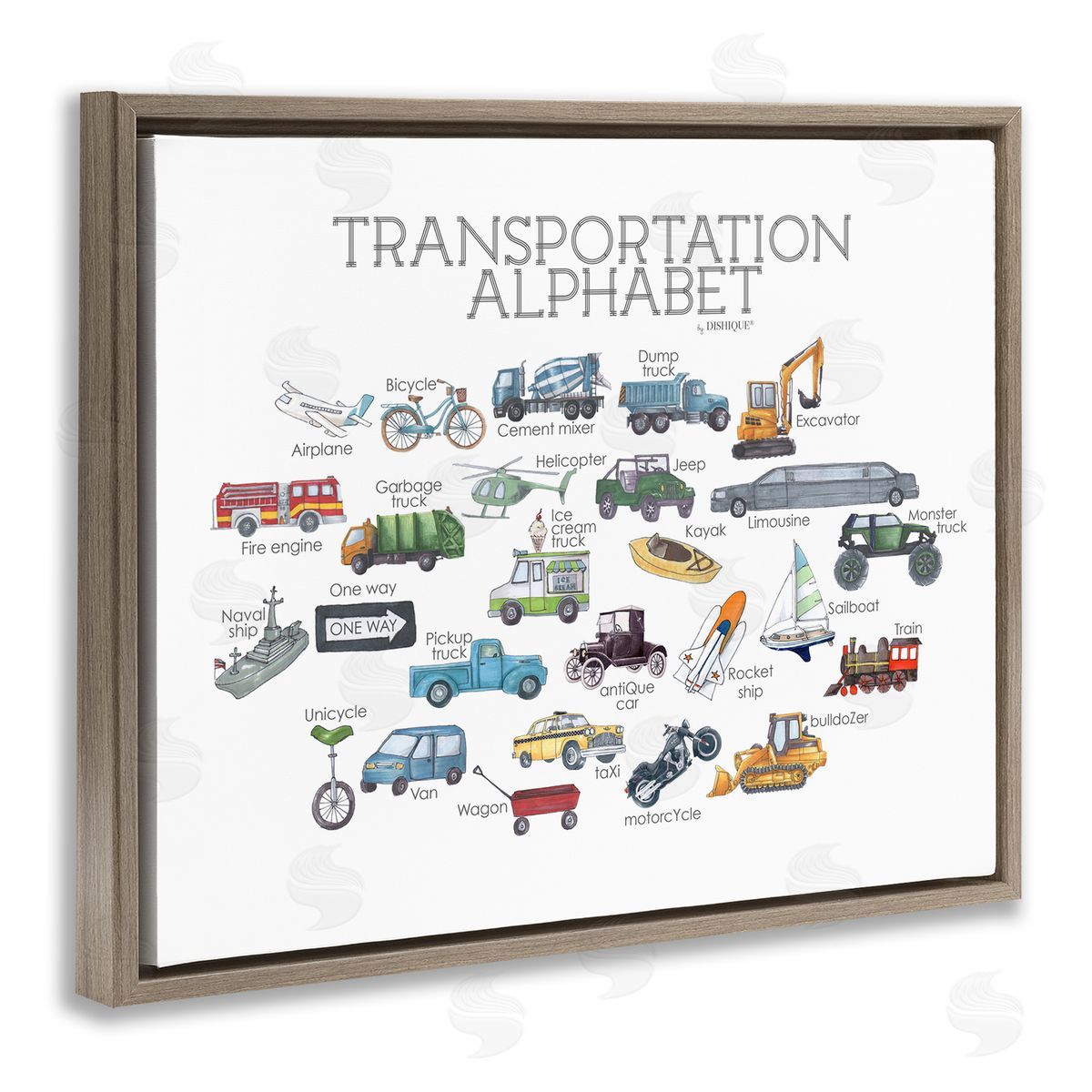 Dishique Educational Transportation Alphabet Kids Learning Vehicles Cars Brown Floating Frame Canvas Wall Art Print