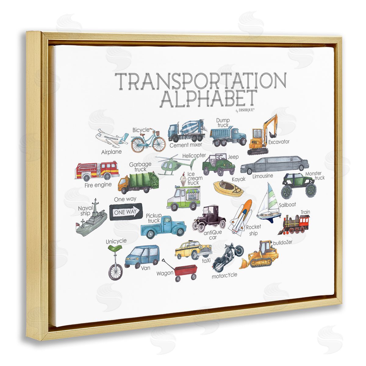 Dishique Educational Transportation Alphabet Kids Learning Vehicles Cars Gold Floating Frame Canvas Wall Art Print