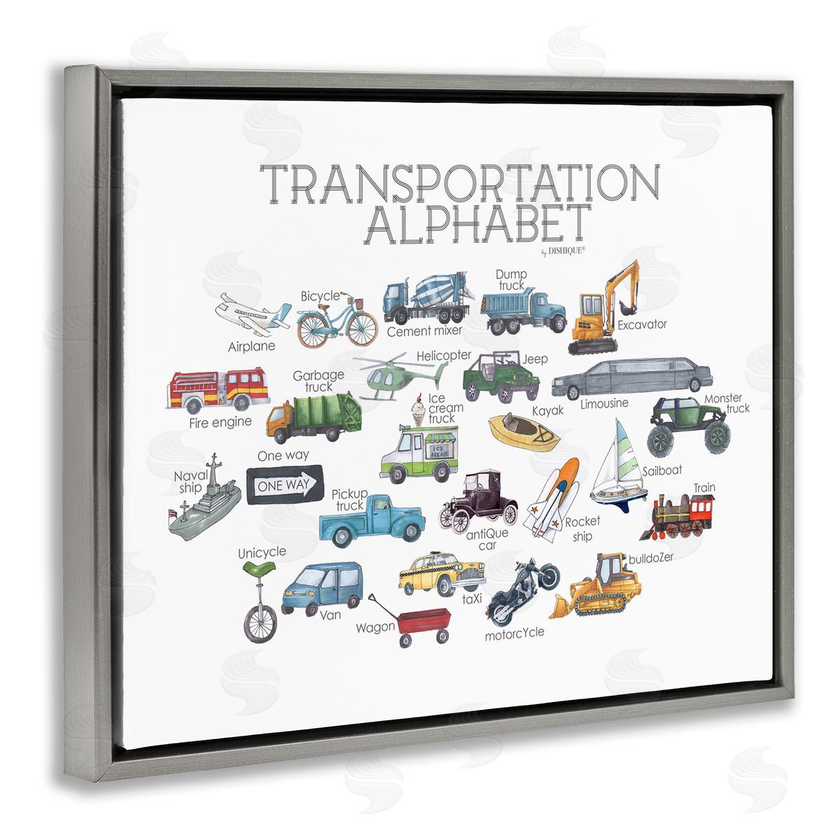 Dishique Educational Transportation Alphabet Kids Learning Vehicles Cars Gray Floating Frame Canvas Wall Art Print