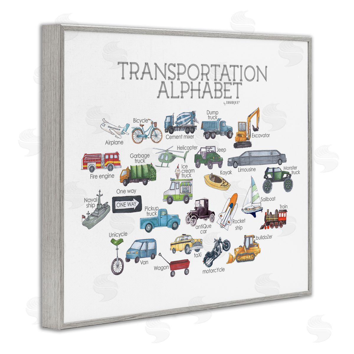 Dishique Educational Transportation Alphabet Kids Learning Vehicles Cars Gray Framed Giclee Wall Art Print