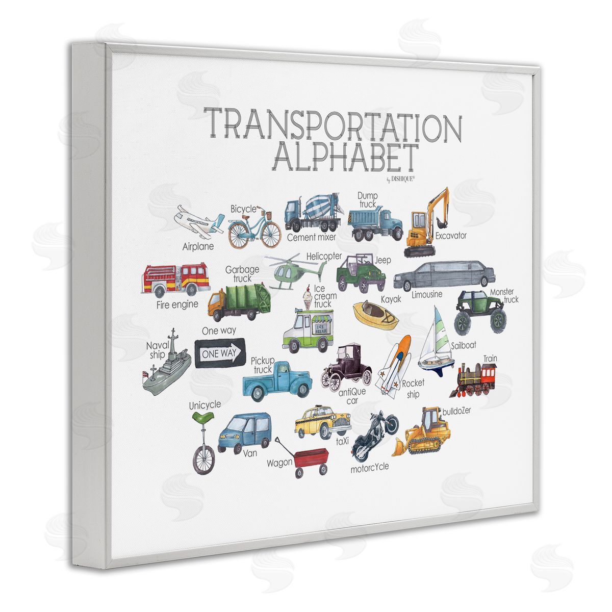 Dishique Educational Transportation Alphabet Kids Learning Vehicles Cars White Framed Giclee Wall Art Print