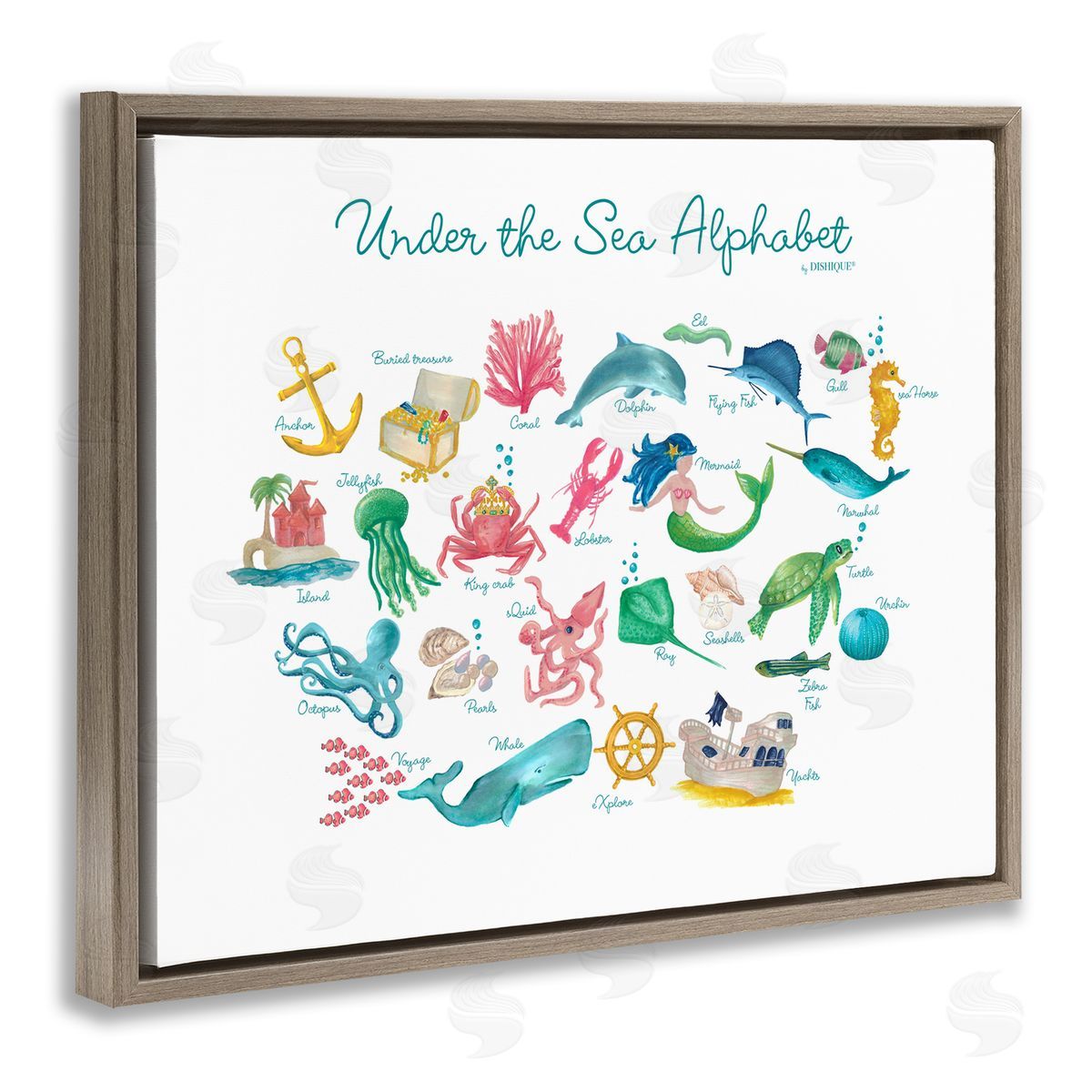 Dishique Under the Sea Educational Alphabet Sea Life Learning Brown Floating Frame Canvas Wall Art Print