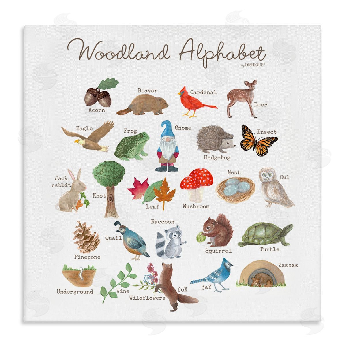 Dishique Woodland Alphabet Wildlife Botanicals Learning Forest Creatures Stretched Canvas Wall Art Print