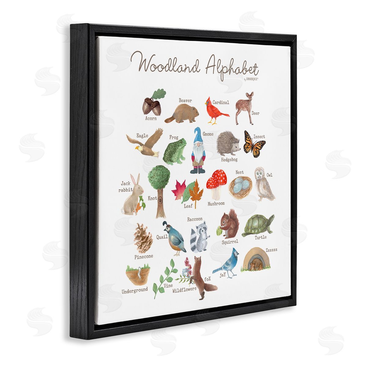 Dishique Woodland Alphabet Wildlife Botanicals Learning Forest Creatures Black Floating Frame Canvas Wall Art Print