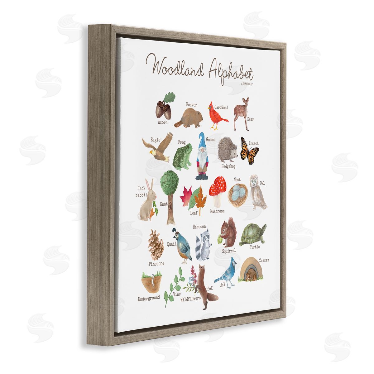 Dishique Woodland Alphabet Wildlife Botanicals Learning Forest Creatures Brown Floating Frame Canvas Wall Art Print