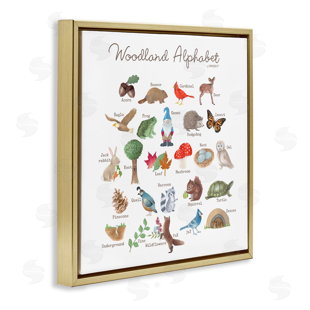 Dishique Woodland Alphabet Wildlife Botanicals Learning Forest Creatures Gold Floating Frame Canvas Wall Art Print