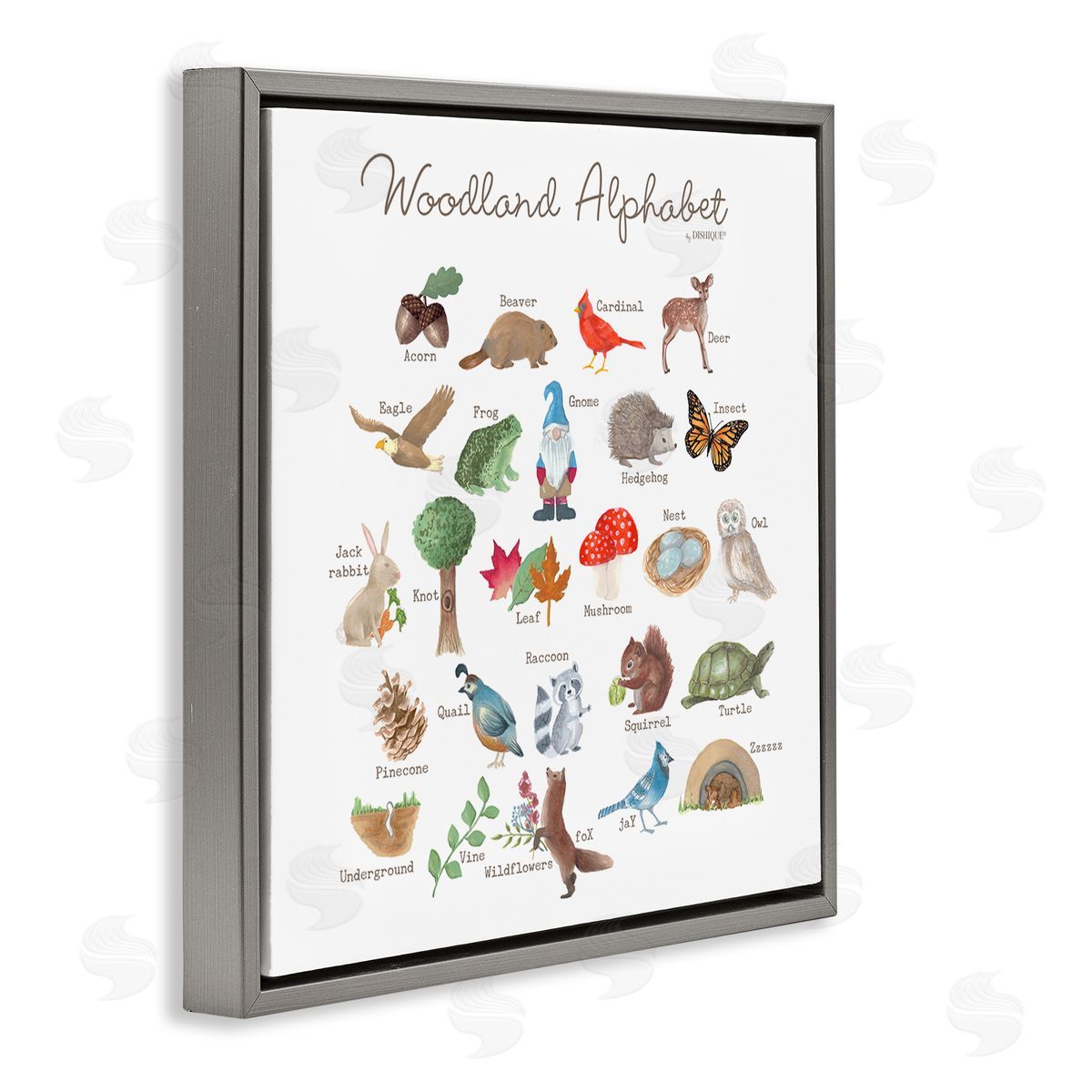 Dishique Woodland Alphabet Wildlife Botanicals Learning Forest Creatures Gray Floating Frame Canvas Wall Art Print