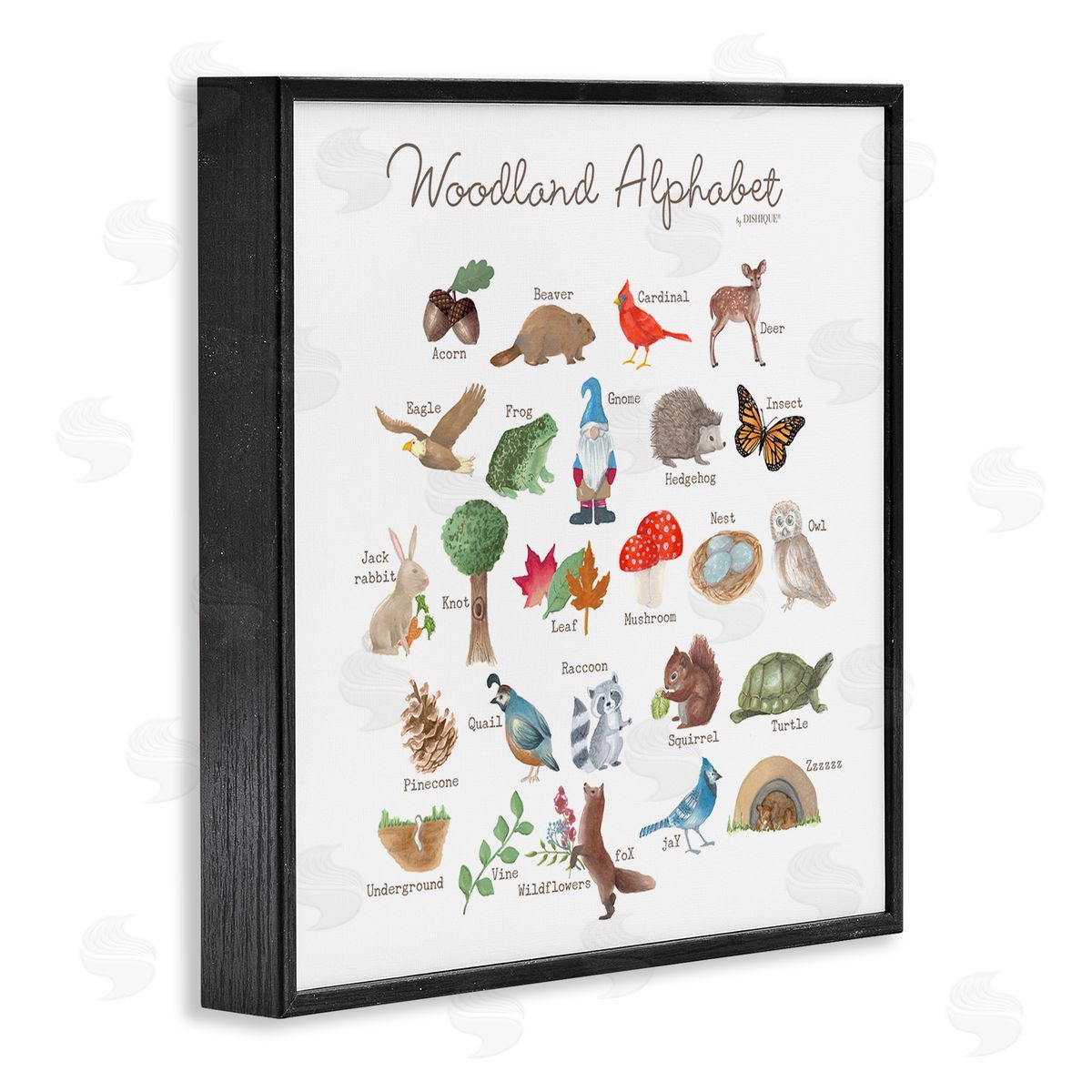 Dishique Woodland Alphabet Wildlife Botanicals Learning Forest Creatures Black Framed Glicee Wall Art Print