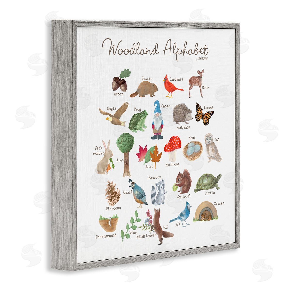 Dishique Woodland Alphabet Wildlife Botanicals Learning Forest Creatures Gray Framed Glicee Wall Art Print