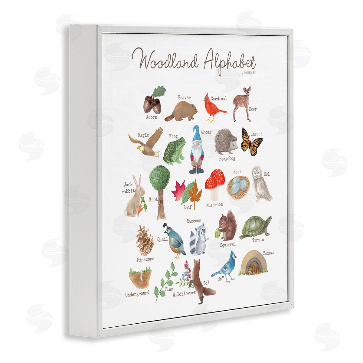 Dishique Woodland Alphabet Wildlife Botanicals Learning Forest Creatures White Framed Glicee Wall Art Print
