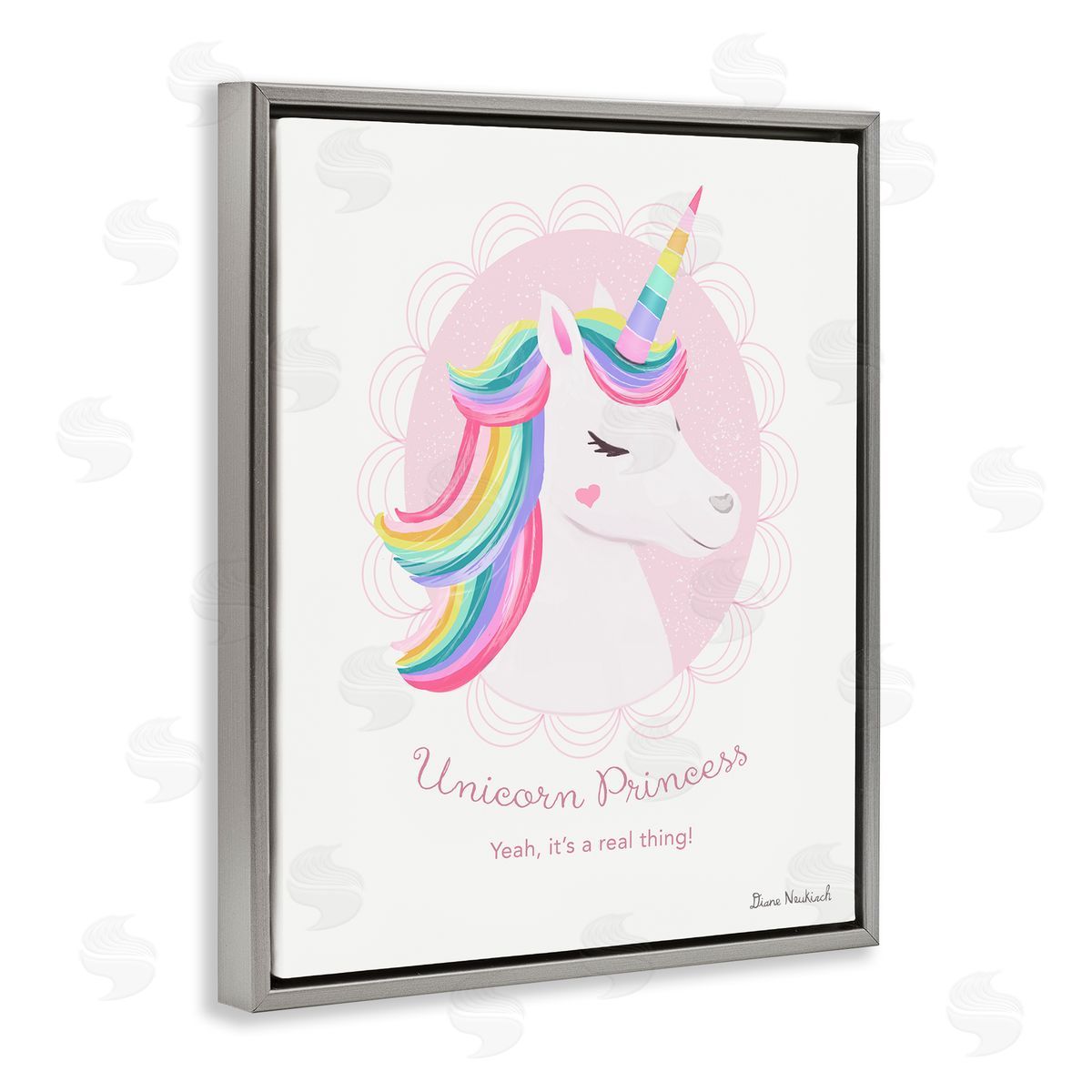 Diane Neukirch Unicorn Princess Endearing Unicorn Portrait Fantasy Rainbow Gray Floating Frame Canvas Wall Art Print