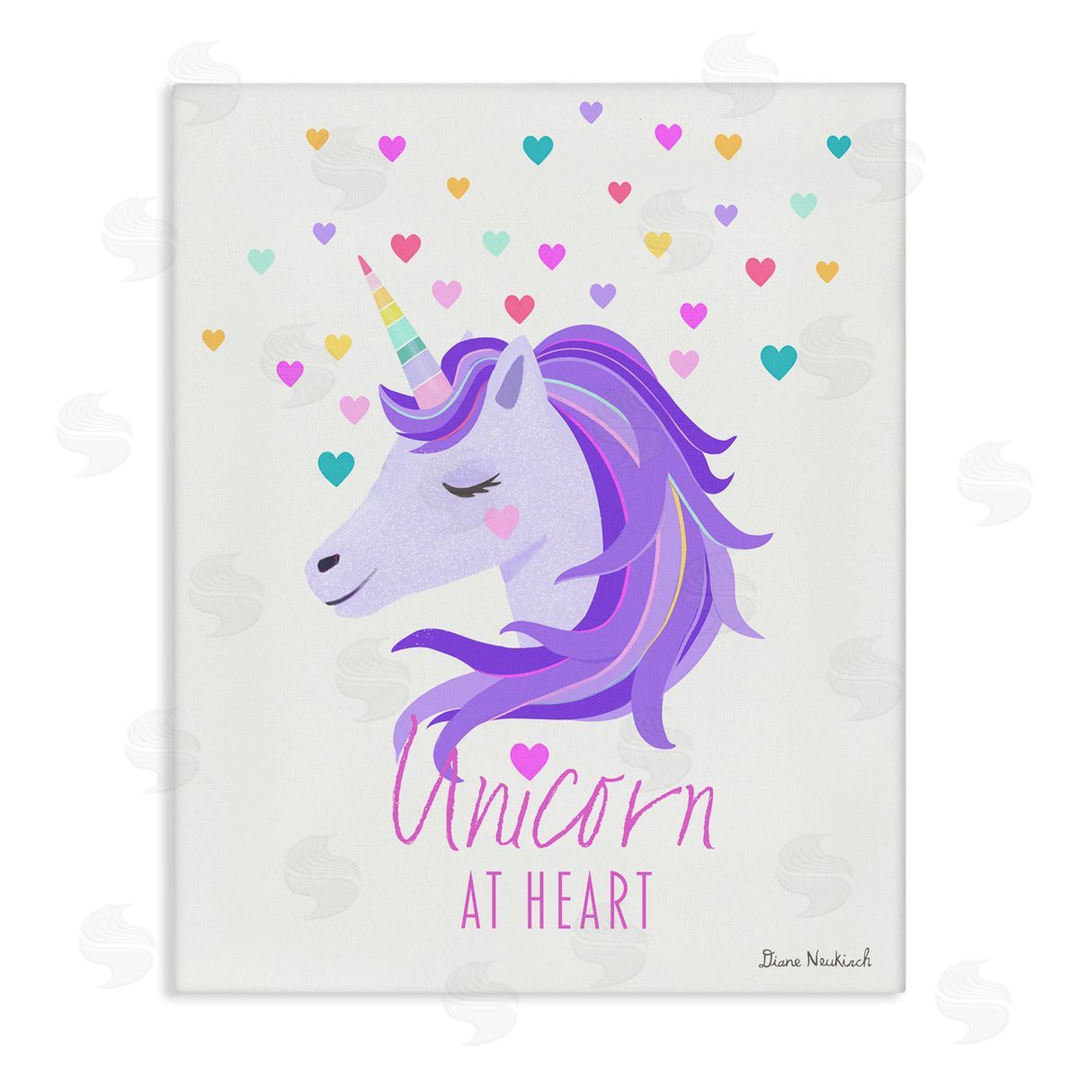 Diane Neukirch Unicorn At Heart Phrase Pastel Purple Hearts Pattern  Stretched Canvas Wall Art Print