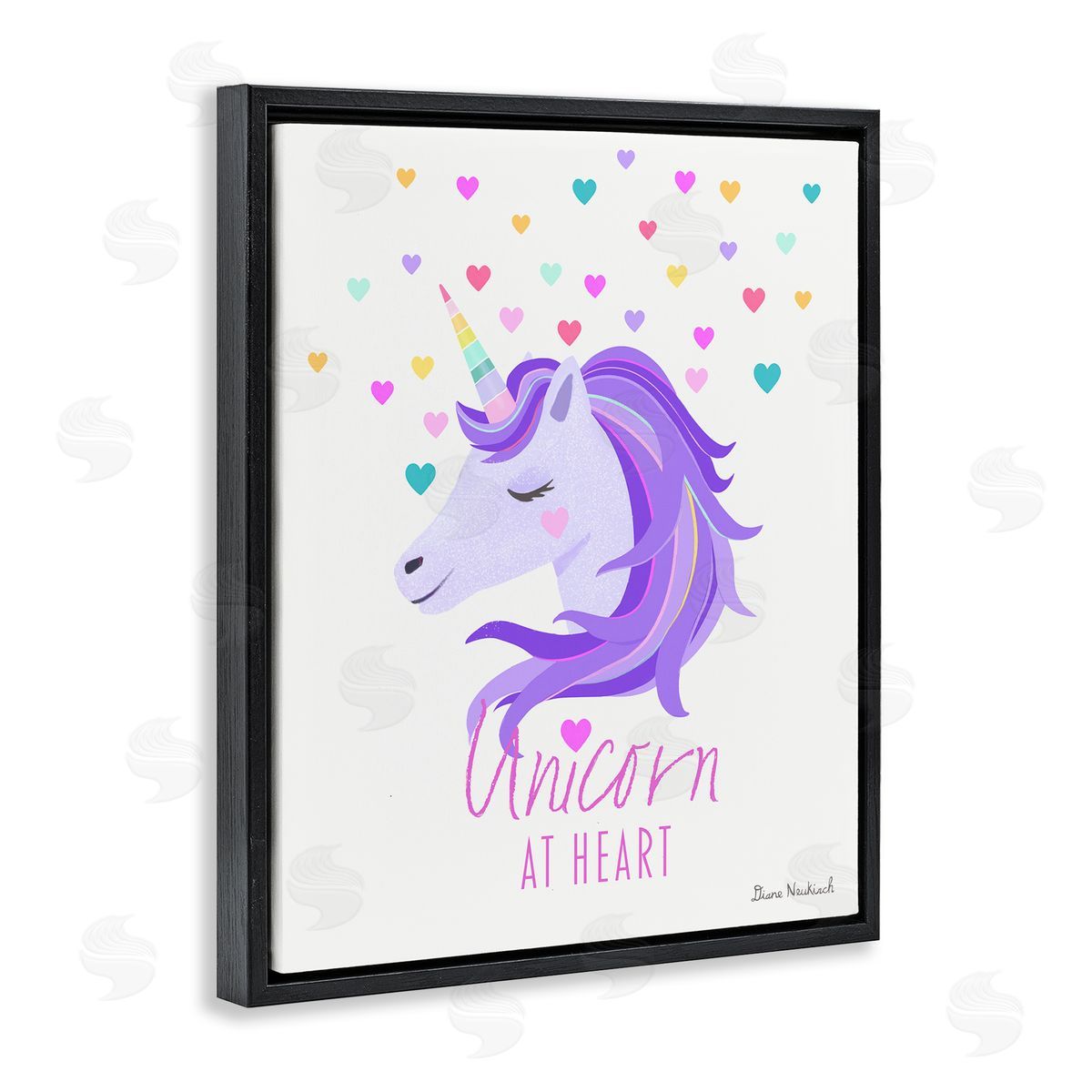 Diane Neukirch Unicorn At Heart Phrase Pastel Purple Hearts Pattern  Black Floating Frame Canvas Wall Art Print