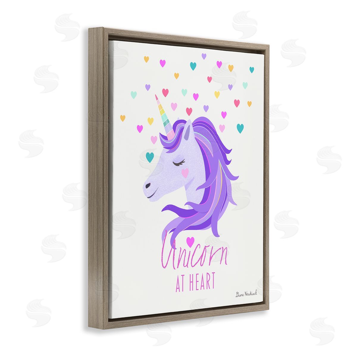 Diane Neukirch Unicorn At Heart Phrase Pastel Purple Hearts Pattern  Brown Floating Frame Canvas Wall Art Print