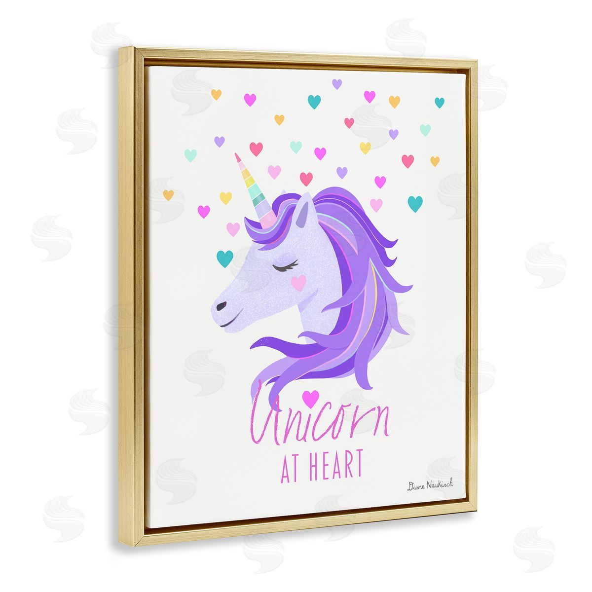 Diane Neukirch Unicorn At Heart Phrase Pastel Purple Hearts Pattern  Gold Floating Frame Canvas Wall Art Print