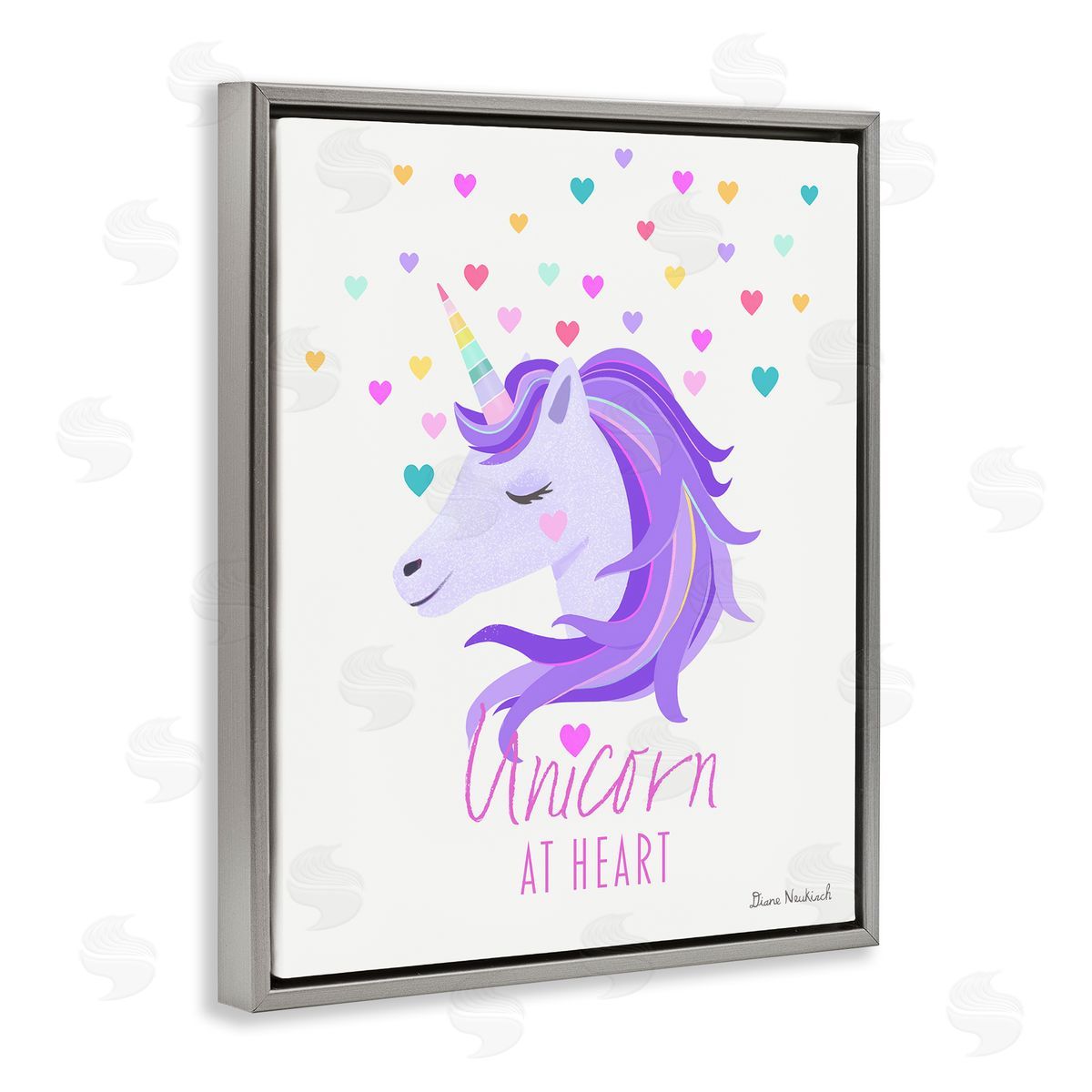 Diane Neukirch Unicorn At Heart Phrase Pastel Purple Hearts Pattern  Gray Floating Frame Canvas Wall Art Print