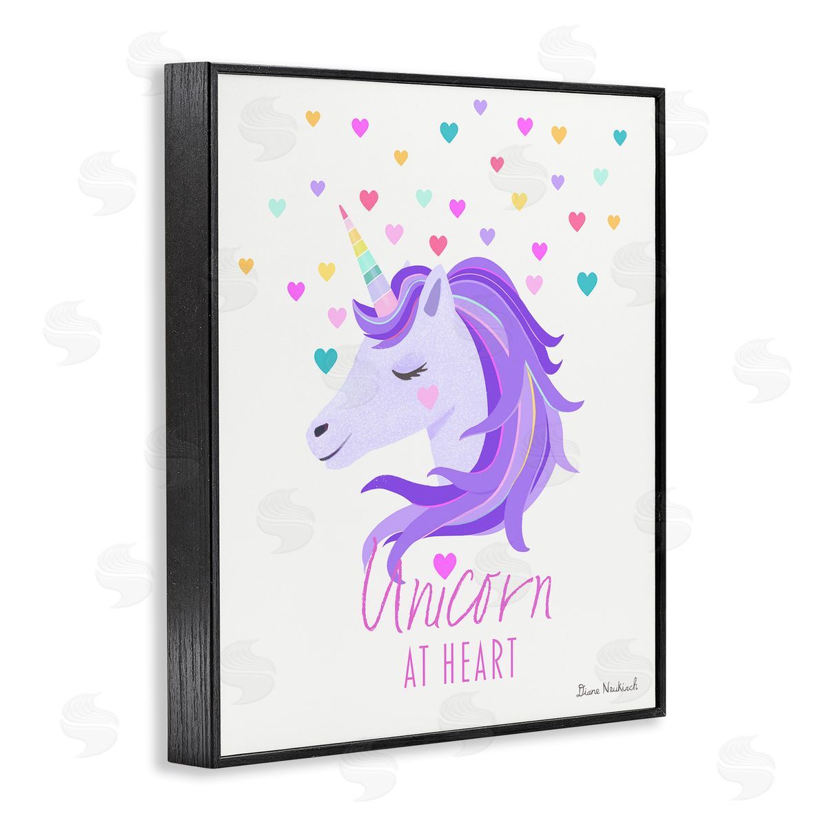 Diane Neukirch Unicorn At Heart Phrase Pastel Purple Hearts Pattern  Black Framed Giclee Wall Art Print