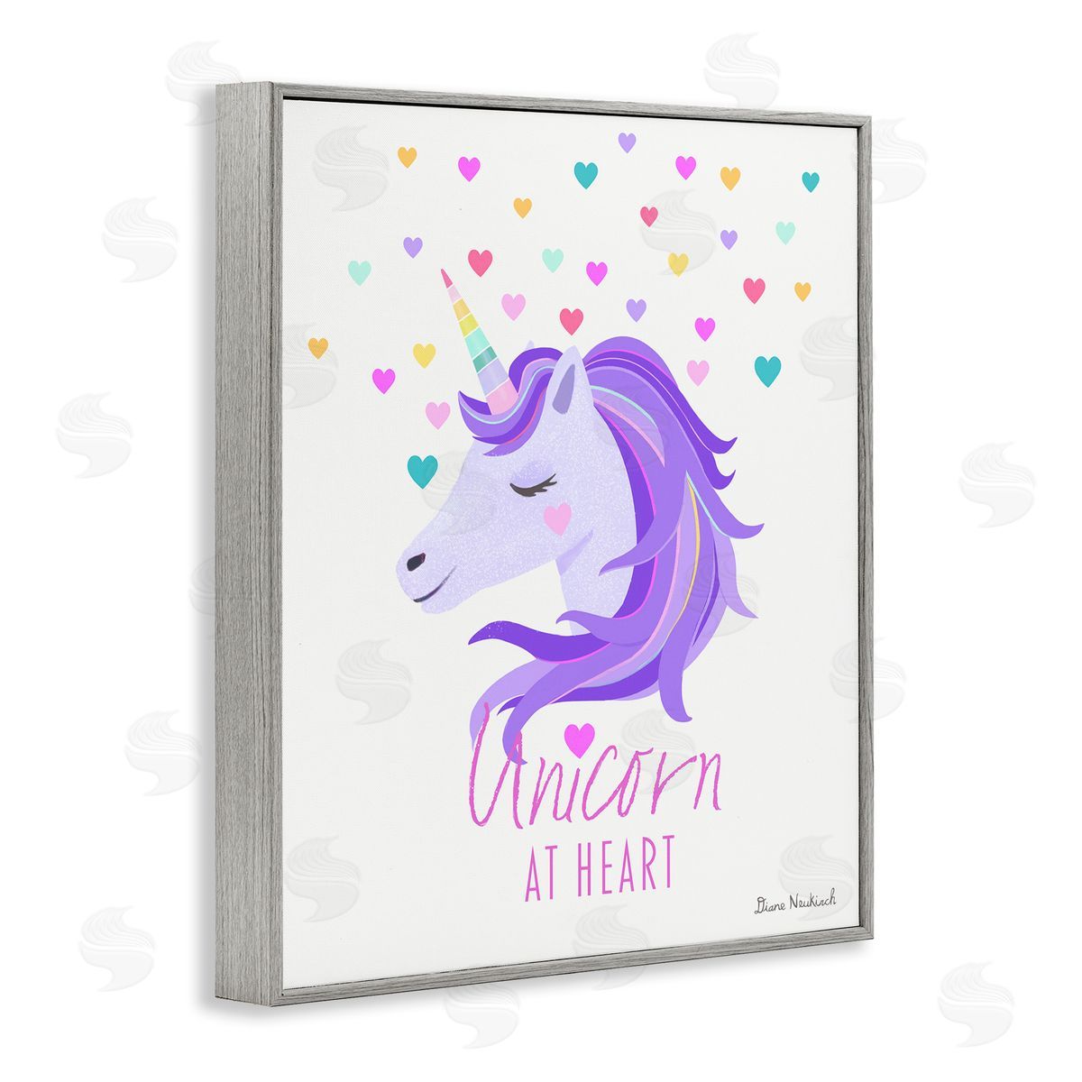 Diane Neukirch Unicorn At Heart Phrase Pastel Purple Hearts Pattern  Gray Framed Giclee Wall Art Print