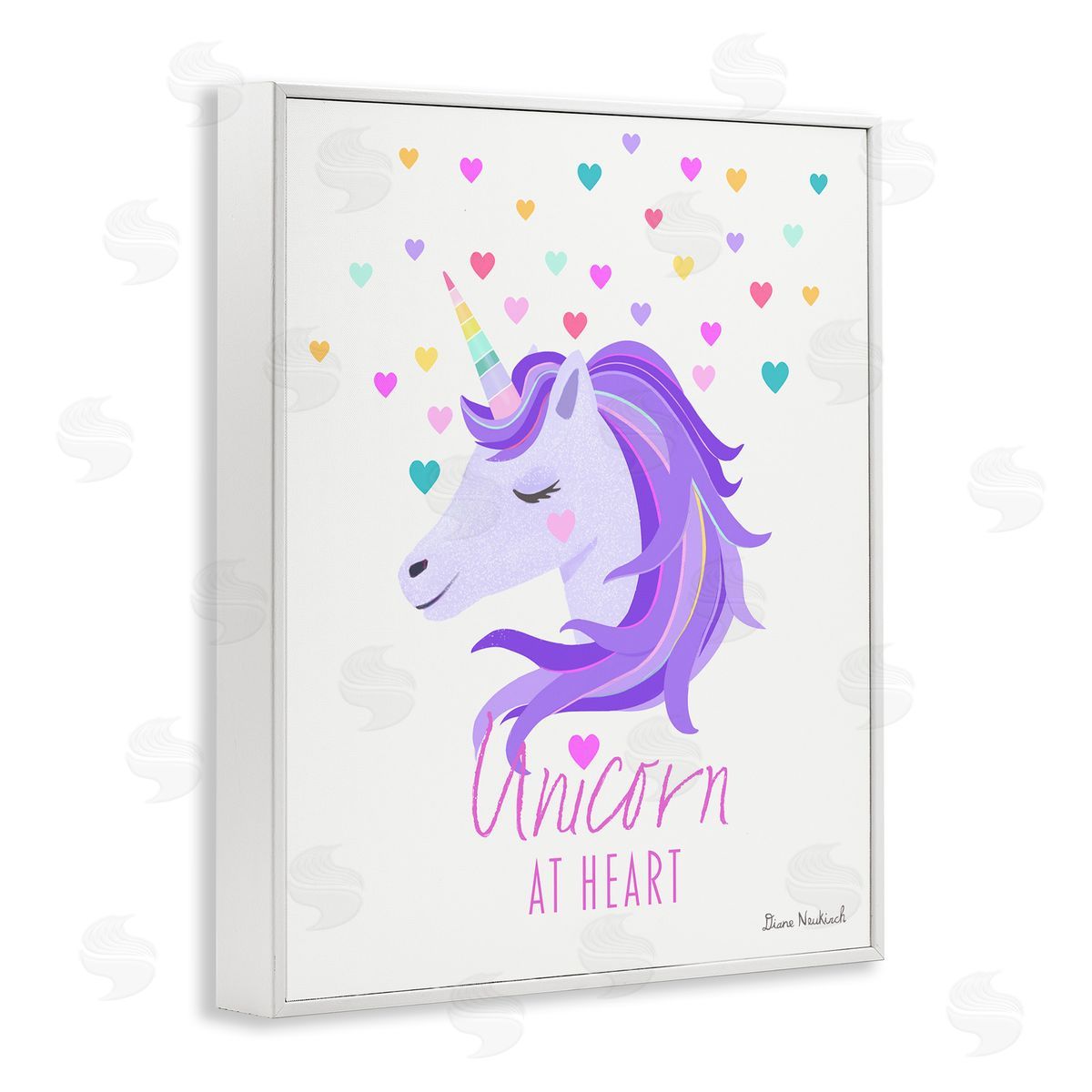 Diane Neukirch Unicorn At Heart Phrase Pastel Purple Hearts Pattern  White Framed Giclee Wall Art Print