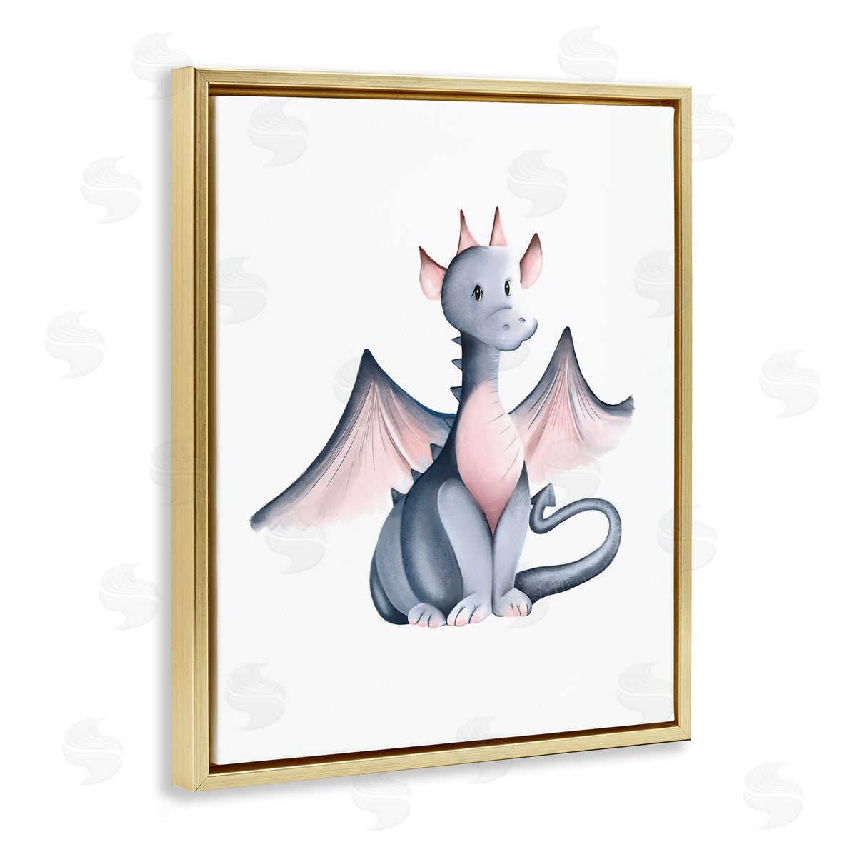 Studio Q Whimsical Dragon Sitting Fantasy Creature Wings Painting  Gold Floating Frame Canvas Wall Art Print