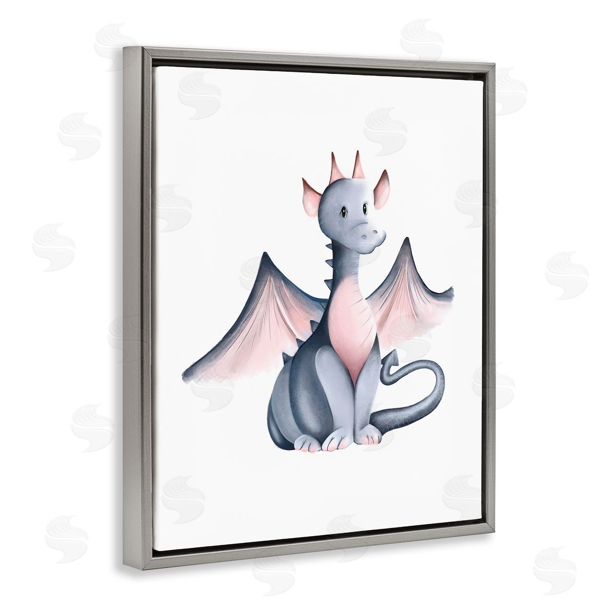 Studio Q Whimsical Dragon Sitting Fantasy Creature Wings Painting  Gray Floating Frame Canvas Wall Art Print