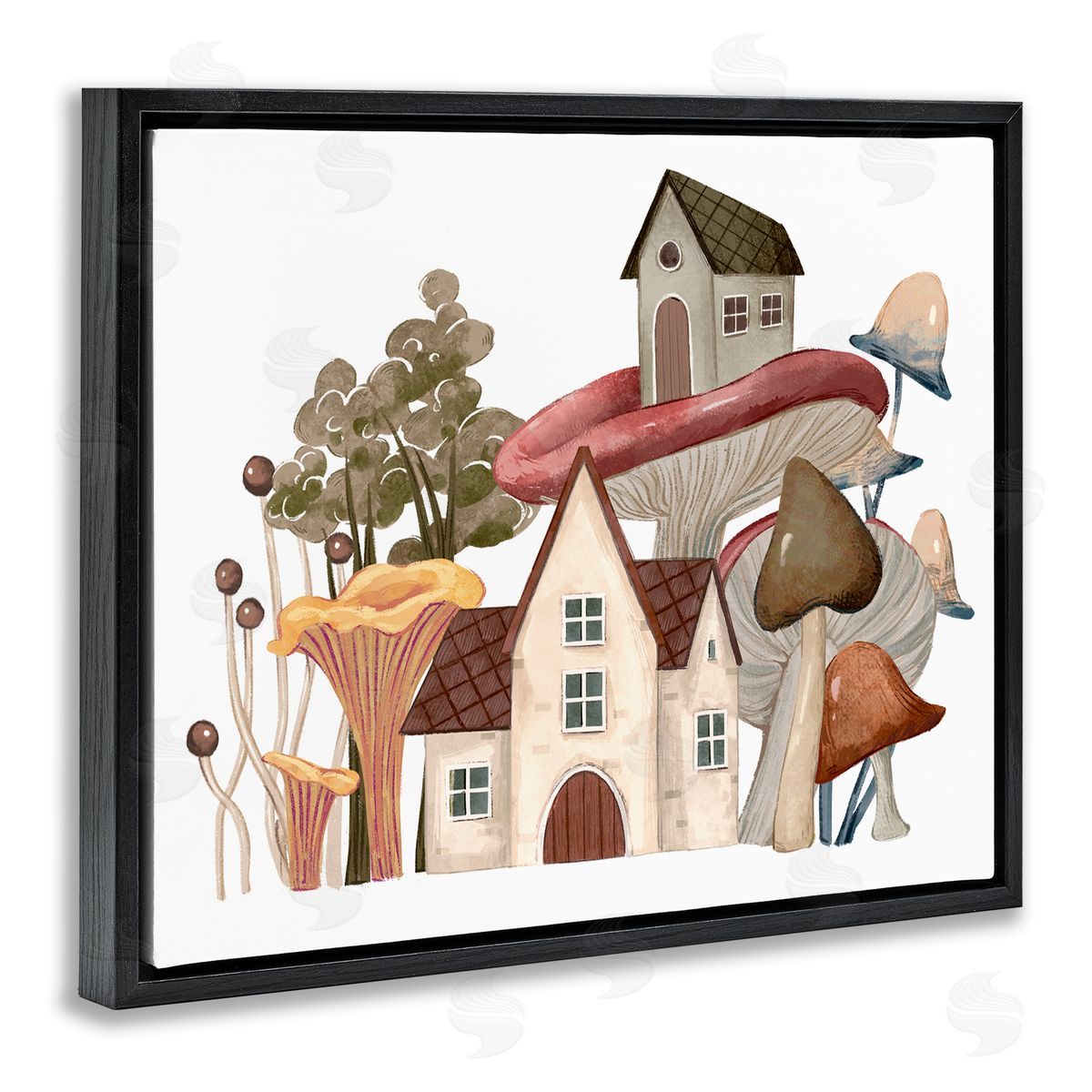 Ziwei Li Cozy Cottages Whimsical Mushroom Town Botanical Forest Black Floating Frame Canvas Wall Art Print