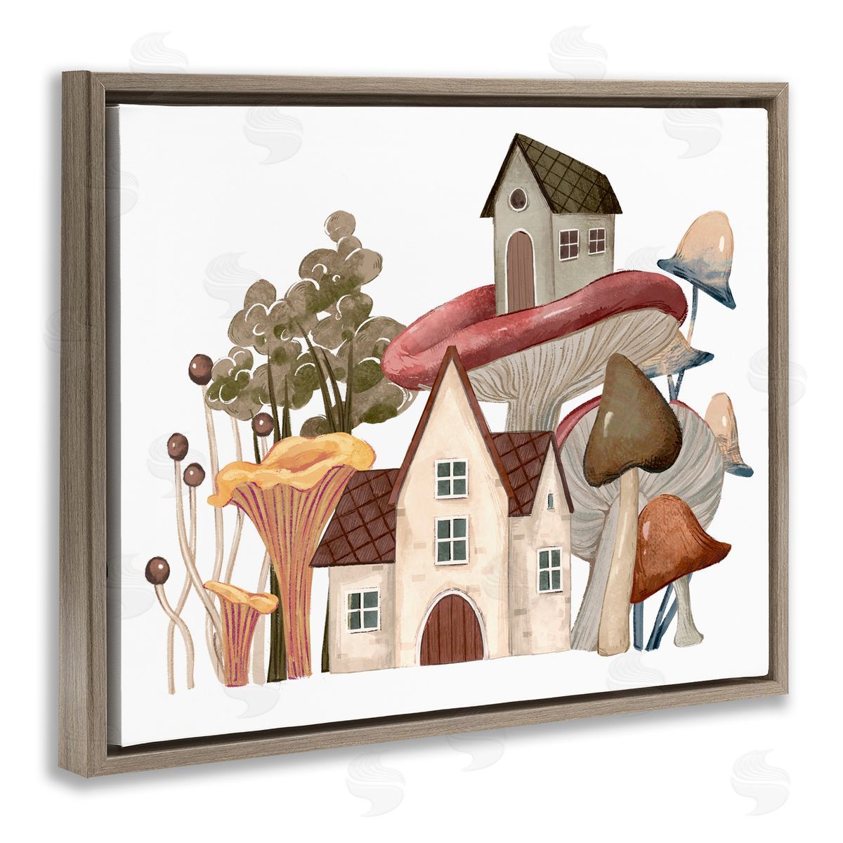 Ziwei Li Cozy Cottages Whimsical Mushroom Town Botanical Forest Brown Floating Frame Canvas Wall Art Print