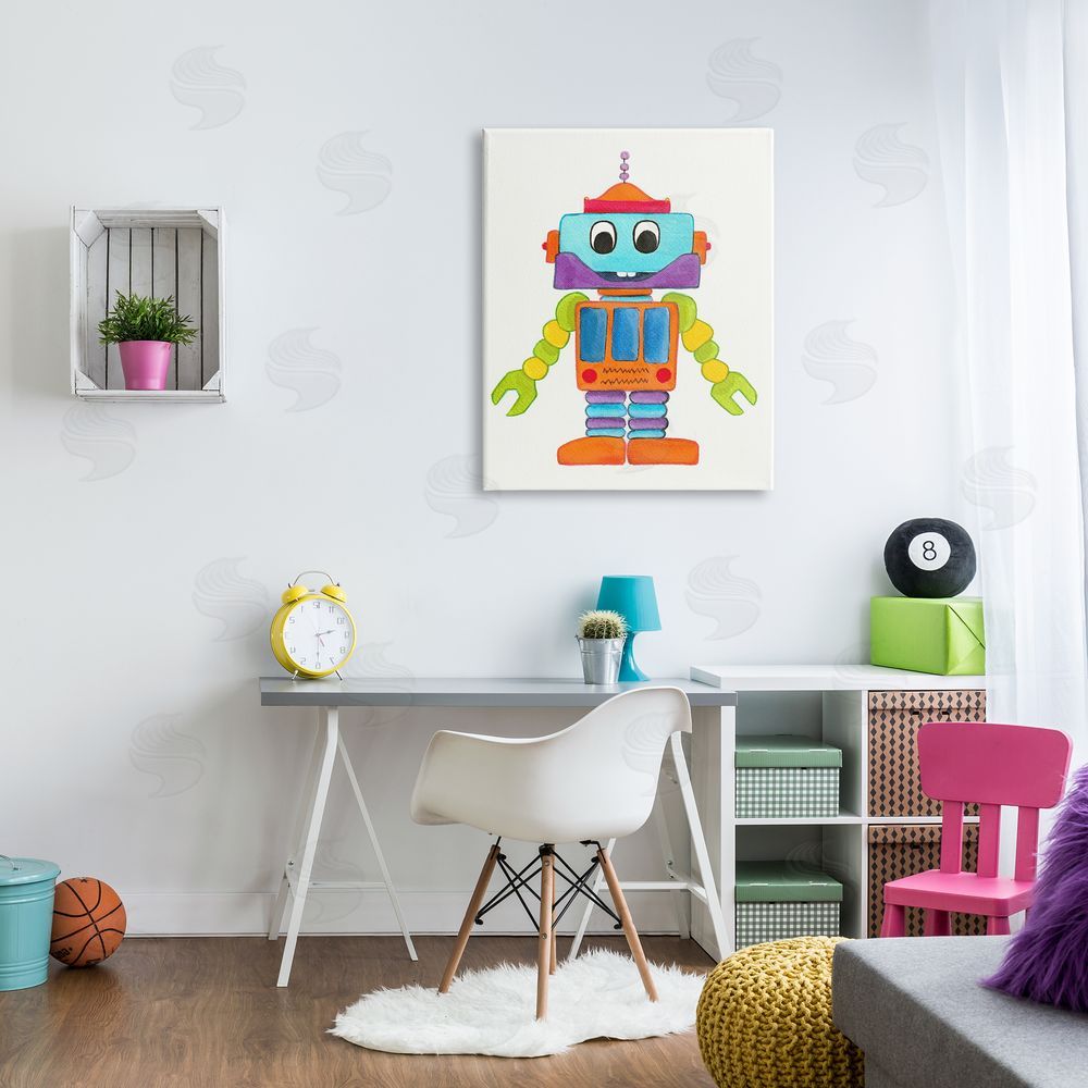 Elvira Errico Bold Smiling Robot Vivid Playful Kids Illustration Canvas Wall Art Print in Room