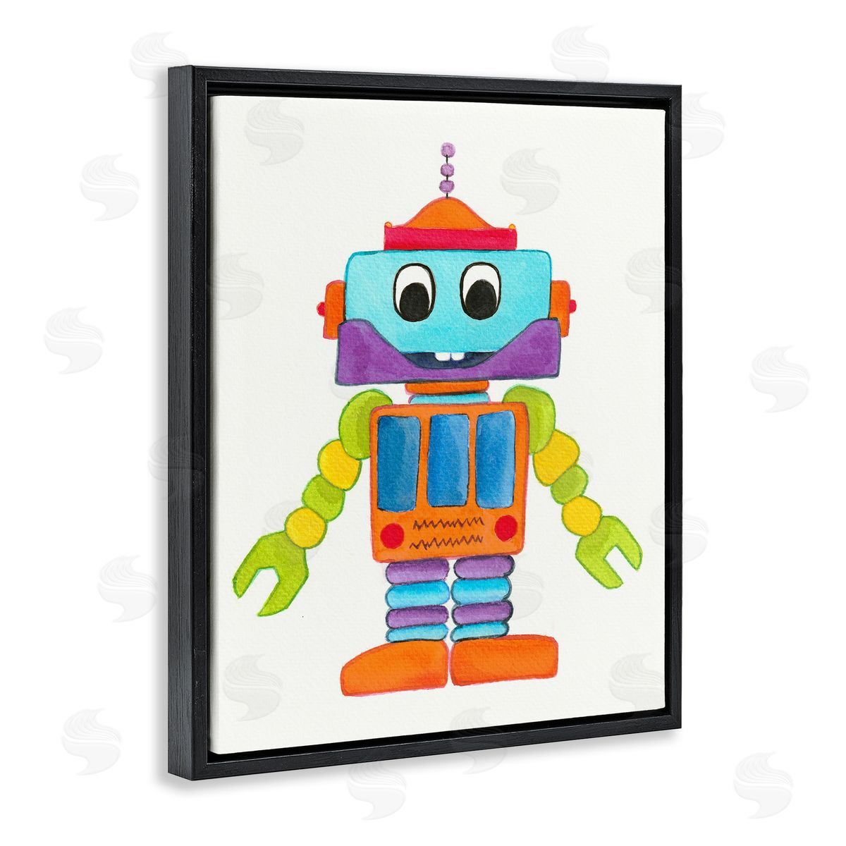Elvira Errico Bold Smiling Robot Vivid Playful Kids Illustration Black Floating Frame Canvas Wall Art Print