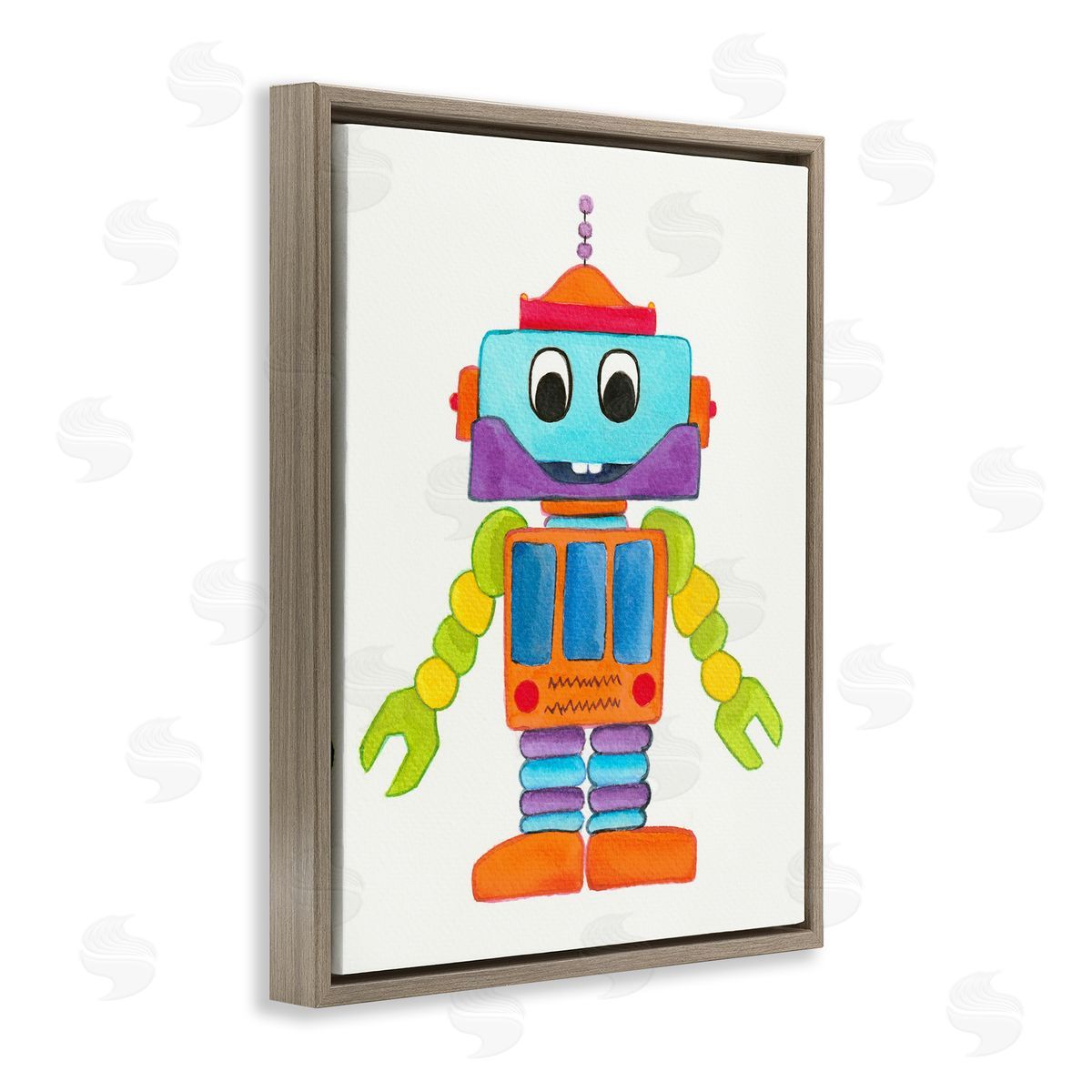 Elvira Errico Bold Smiling Robot Vivid Playful Kids Illustration Brown Floating Frame Canvas Wall Art Print