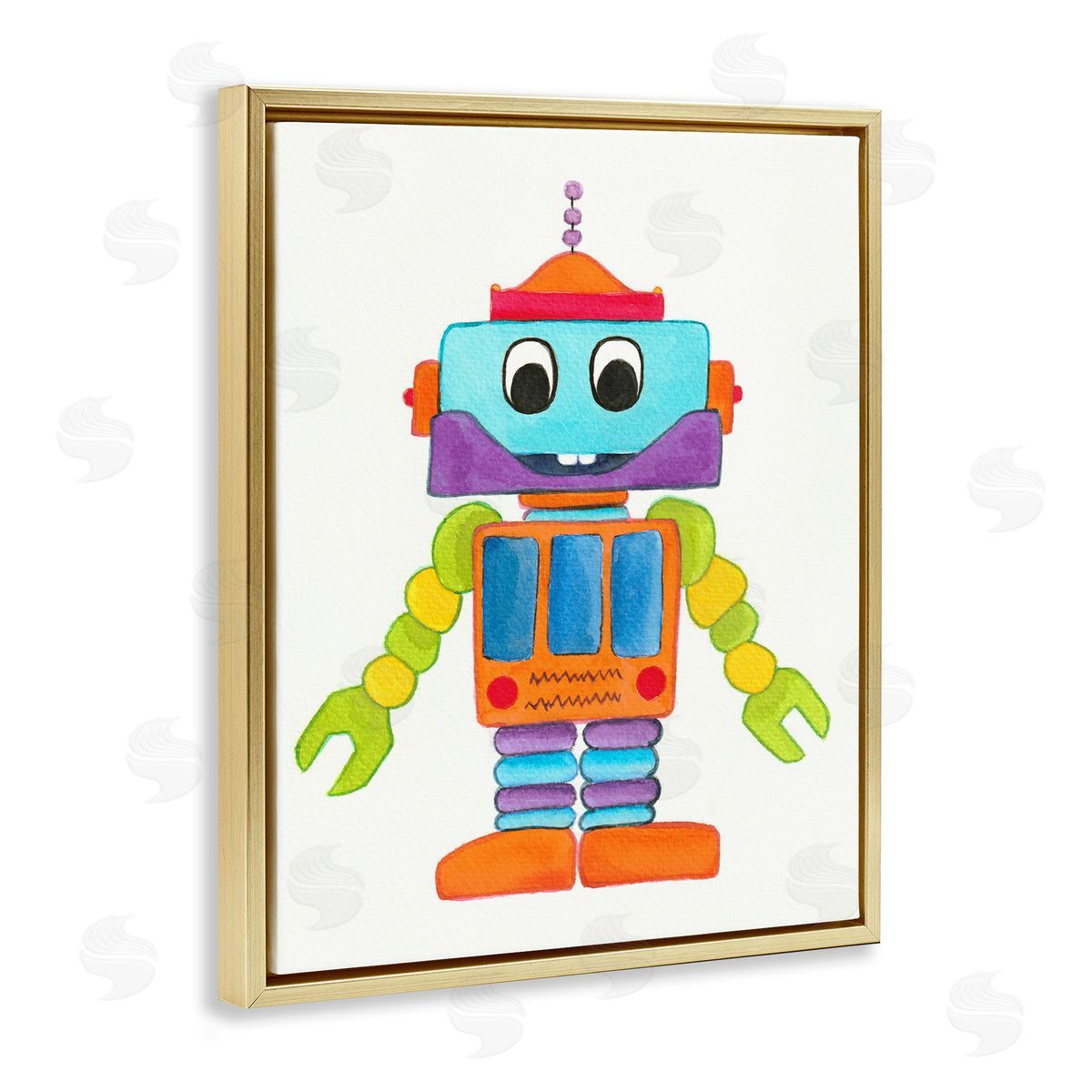 Elvira Errico Bold Smiling Robot Vivid Playful Kids Illustration Gold Floating Frame Canvas Wall Art Print