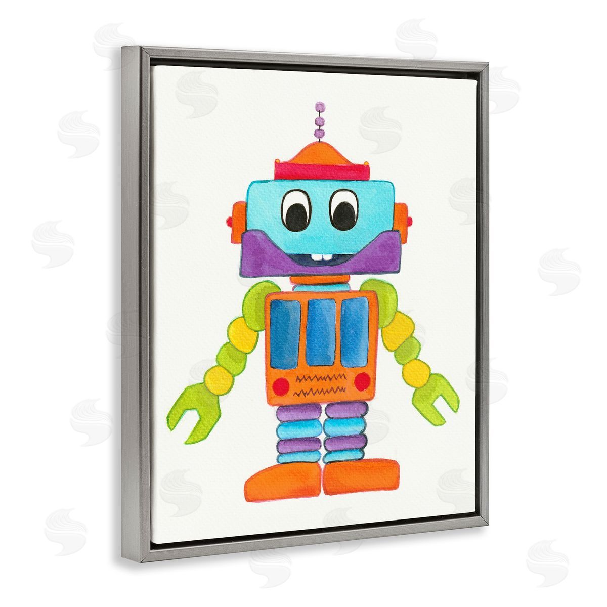 Elvira Errico Bold Smiling Robot Vivid Playful Kids Illustration Gray Floating Frame Canvas Wall Art Print